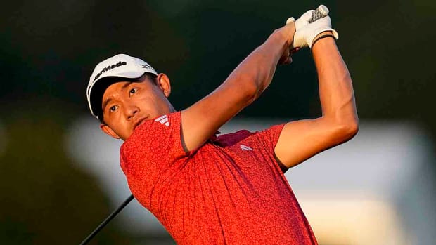 Collin Morikawa hits from the 16th tee during the third round of the 2023 Tour Championship in Atlanta.